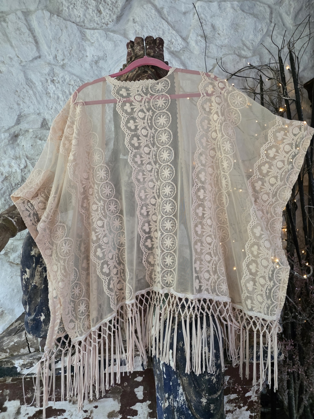 Sheer Lace Fringe Kimono in Blush